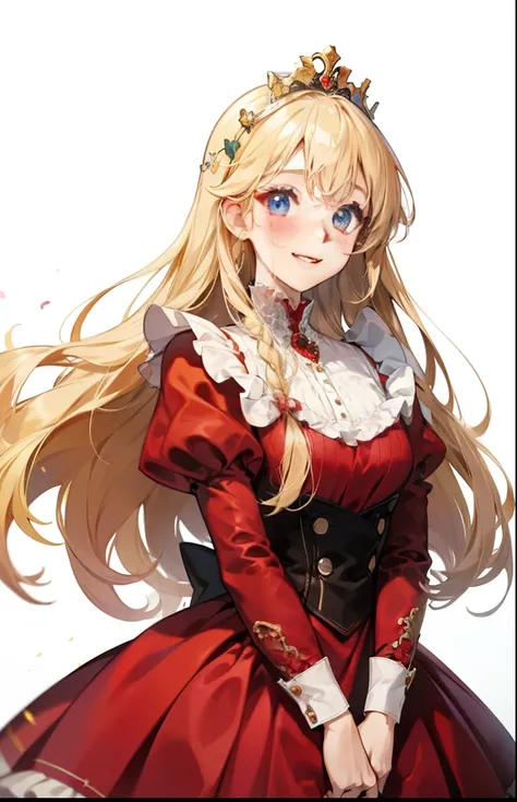 girl、white background、no background、blonde、long hair、Contrasting bangs、red dress、ribbon、frills、tiara、crown、tiaraを持っている、Rich man、Princess、blush、smile、cute、no background