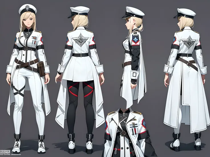 Close-up of a beautiful woman in a medic costume, ((character concept art)), ((creative costume design)), tall figure, ((character design sheet, same character, front, side, back)), original character art, medic character, medic clothes design  , video gam...