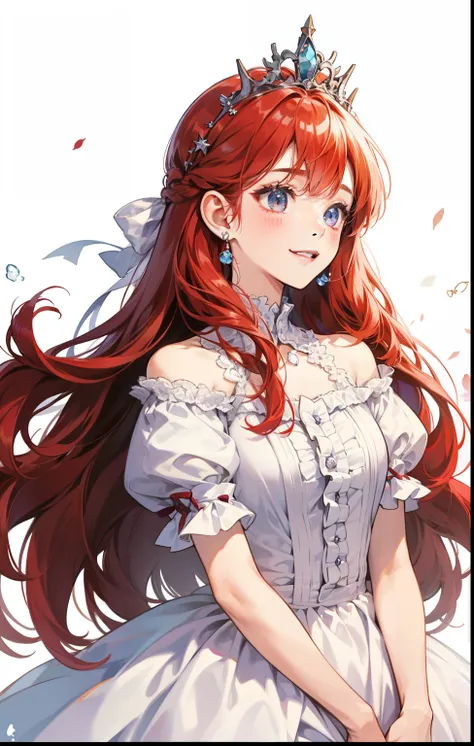 girl、white background、no background、Red hair、long hair、Contrasting bangs、white dress、ribbon、frills、tiara、crown、tiaraを持っている、Rich man、Princess、blush、smile、cute、no background