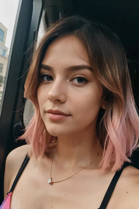 ((best quality)), ((masterpiece)), (detailed), perfect face taken with iphone camera BREAK medium shot selfie of a pretty young woman BREAK (ombre:1.3) ,
blonde pink, BREAK film grain, medium quality