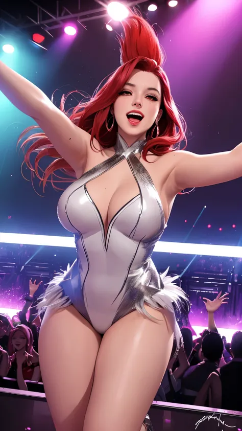 "(best quality,highres:1.2),ultra-detailed,realistic,cosplayer,awkward strip tease,Jessica Rabbit,convention,enthusiastic fans,costume,attention-grabbing,body confidence,vibrant colors,large crowd,playful atmosphere,energetic music,flashy stage lights,sexy...