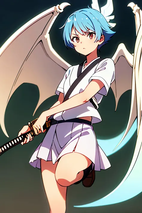 masterpiece, high quality, 4k resolution, anime style, vibrant colors, image of a girl with light blue hair, short hair, tomboy, brown eyes, detailed eyes, white dragon wings, wearing a masculine japanese school uniform, confident expression, holding a kat...