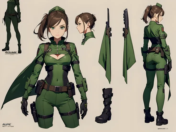 Close-up of a beautiful woman in a soldier costume, ((character concept art)), ((creative costume design)), tall figure, ((character design sheet, same character, front, side, back)), original character art, soldier character, soldier clothes design  , vid...