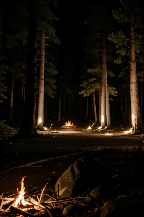 Fire on ground in the dark forest.