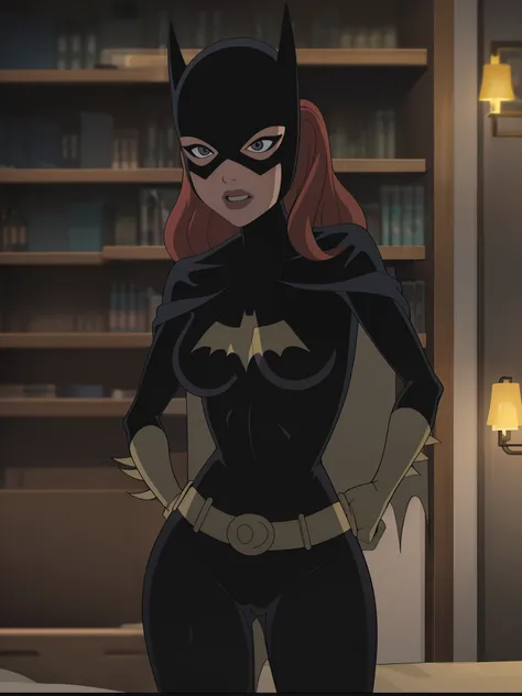 Buscar, Batgirlfit, cabelos muito longos, cabelos ruivos, cabelo entre os olhos, rabo de cavalo alto, Fechaduras laterais, Olhos azuis, Batgirl roupas brilhantes, impossible bodysuit, Pele apertada, bodysuit, Olhando para o Viewer sorrindo, (blush vermelho...