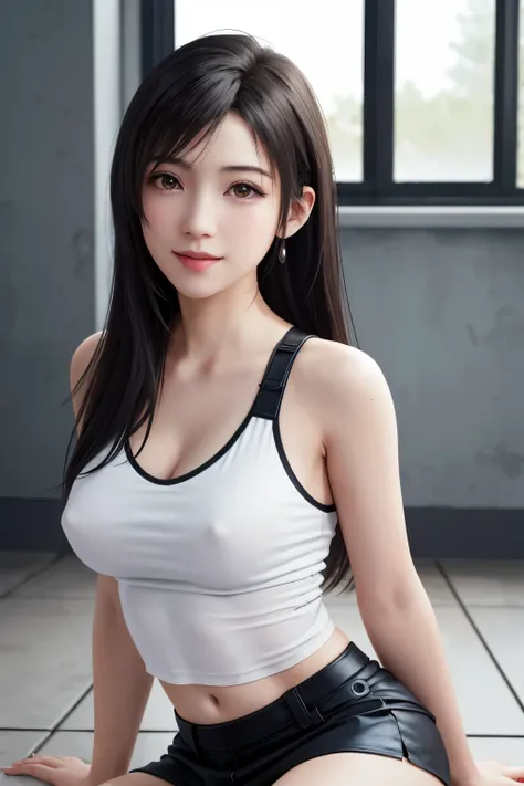 (top quality, masutepiece: 1.1), (Realistic: 1.3), BREAK (((FF7,Tifa_lockhart))),(solo,Tifa:1.2),(japanese ,gray sportswear:1.3,gray skirt :1.3,wet clothes) ,(gym,indoor),(sexy pose:1.1),Ultra-detailed face, Detailed eyes,Red eyes, BREAK (((FF7,Tifa_lockha...