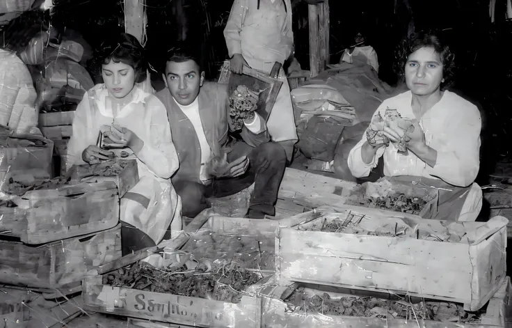 several people are sitting around a pile of food boxes., historical image, foto historica, Foto de archivo, foto historica, foto historica, Foto de archivograph, Foto de archivo, Escena de Supplizia, museum Foto de archivo, festival, Location unknown, Cent...