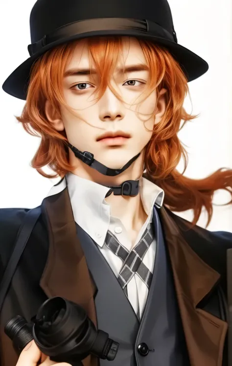 a close up of a person wearing a hat and a suit, , orange - haired anime boy, photorealistic photo, ultra high res, extremly detailed, best photo, cowboyshot, perfect lighting, best photo, 1 boy, light passing throigh hair.