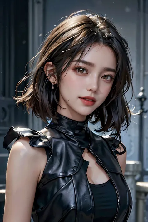 a 20 yo woman、Black Hair、cabello corto、sharp bob haircut, flequillo, Big smile、ojos azules, (hi-top fade:1.3)、dark themed、Muted Tones、Subdued Color、highly contrast、(natural skin textures、Hyper-Realism、Soft light、sharp)