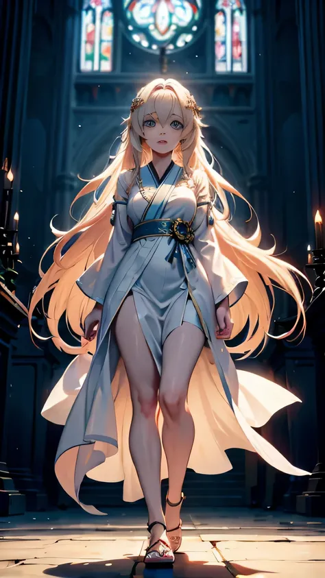 anime woman wearing flowing robes (delicate fabric 1.3), detailed face, walking dramatically in fantasy cathedral interior, anime, 8k, high detail