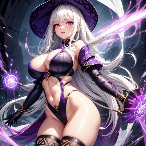 masterpiece, 1girl, white hair, purple eyes, glowing eyes, skimpy witch outfit, huge breasts, underwear, toned body