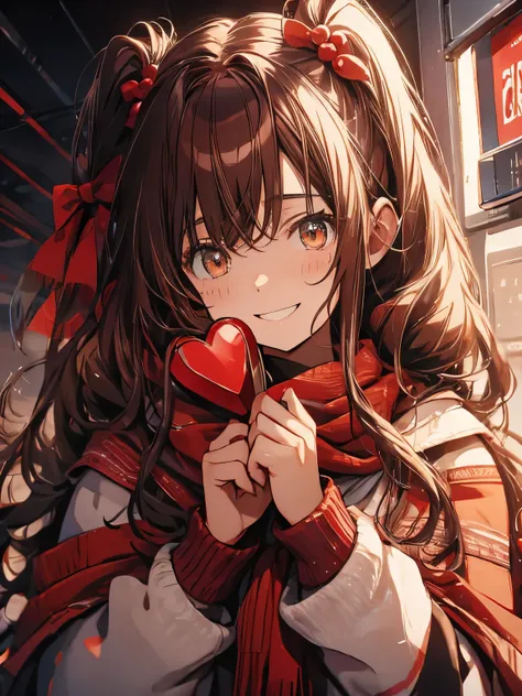 brown eyes、long hair、twin tails、Scarf、Red background、duffel coat、chocolate、girl、Colorful hair ornaments、Valentine、wavy hair、shy face、cheeks are red、laughing、smile、smile、chocolateを持っている