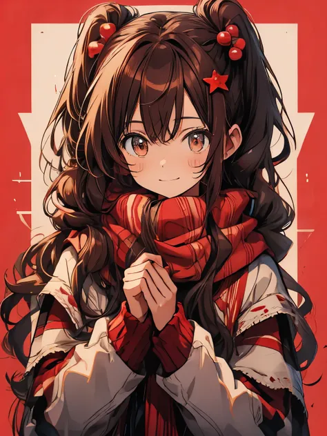 brown eyes、long hair、twin tails、Scarf、Red background、duffel coat、chocolate、girl、Colorful hair ornaments、Valentine、wavy hair、shy face、cheeks are red、laughing、smile、smile、chocolateを持っている