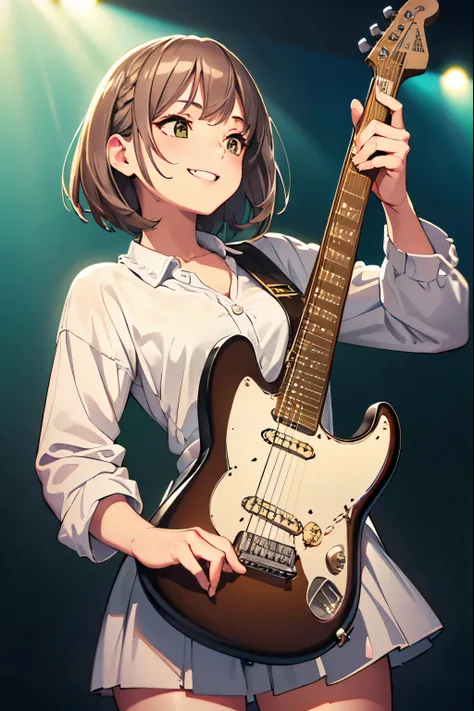 dream-like, ((analog)), 8K, (highest quality), ((realistic photo)), ((realistic)), (Super detailed:1.3), ((cinematic color grading)), (highly detailed skin), ((electric guitars)), one girl, (delivery), smile, (Platinum brown hair:1.2), warm sunshine, white...