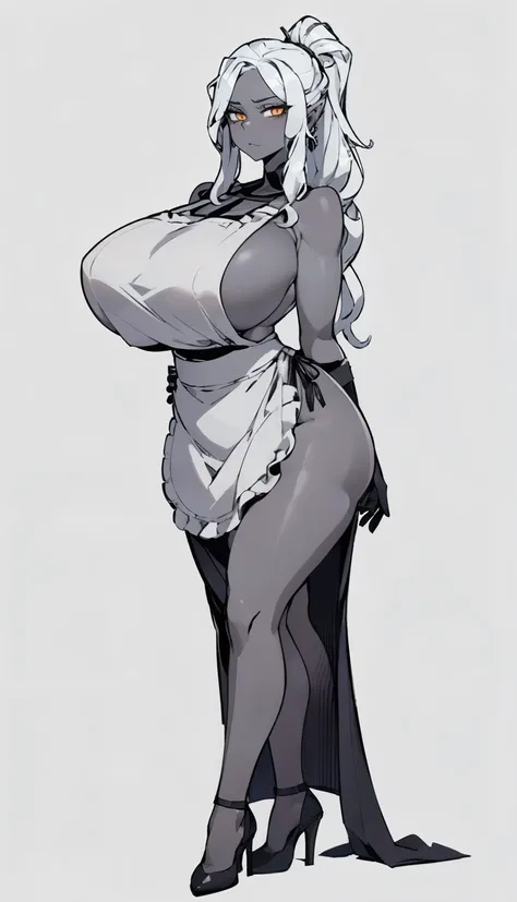 SFW, ((black grey skin Drow)) (apron, naked, sideboob), (gigantic breasts, huge breasts, Big breast), firm breasts , tall girl, slim waist, curvy figure, arms behind back, (white_hair, orange_eyes), long ponytail, full_body, solo, gloves, high heels