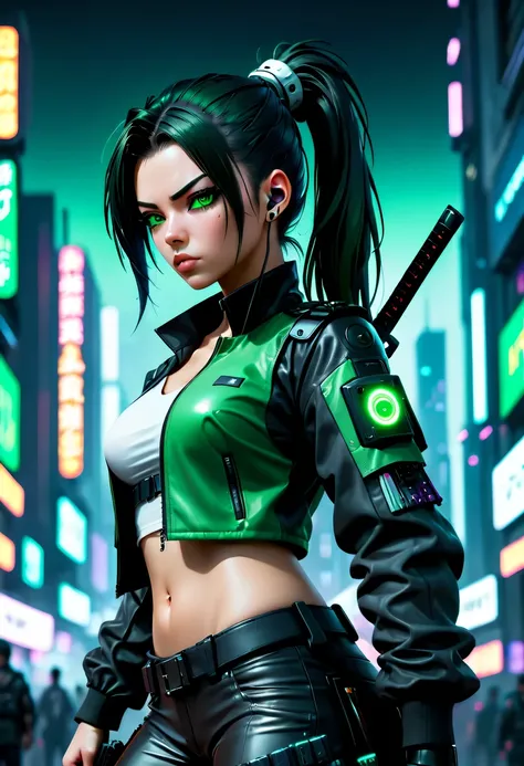 (masterpiece, best quality, 8k, sharp focus, depth of field, best shade, perfect lighting, human development report, Realistic skin texture, Super detailed background), anime style, long angle shot, ((Cyberpunk theme)), alone, 1 female, She is a mercenary,...