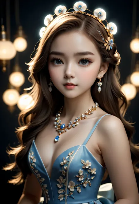 best quality, masterpiece, high resolution, 1 girl, Porcelain dress, hair accessories, necklace, jewelry, pretty face, Physically, Tyndall effect, actual, dark studio, edge lighting, Two-tone lighting, (High detail skin: 1.2), 8k ultra high definition, SLR...