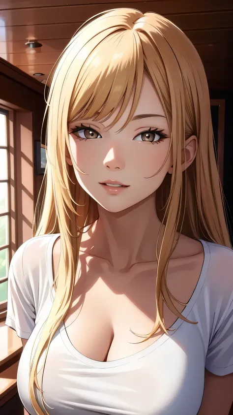 (best quality, highres:1.37), cool adult woman, elegant, long hair, swept-side bang, [[[brown hair]]], blonde hair, white t-shirt, cleavage, brown eyes, inside house, detailed facial features, confident pose, vibrant colors