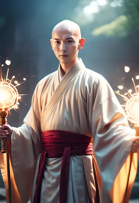 Full body oriental monk, (calm face:1.3), (Wearing traditional monk robes:1.1), (Baldness:1.5), (Looks calm:0.6), (Everlasting:1.1), (look at the audience:1.3), (Holding a gorgeous scepter:1.2), clean background, Chaotic complex background, Flare lens, glo...