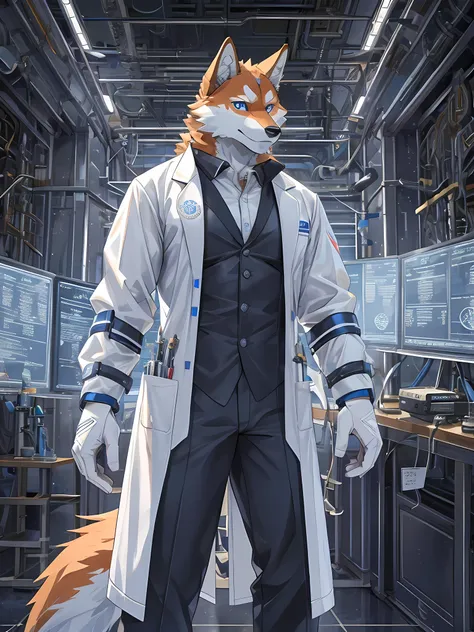 orange fur wolf,Dark blue eyes,Realistic horoscope details,The body is in proportion.,Wear white scientist glue suit 2.0,standing in the laboratory,Looking straight at the bitter person,seductive eyes,Maximum image detail,HDR,8ก