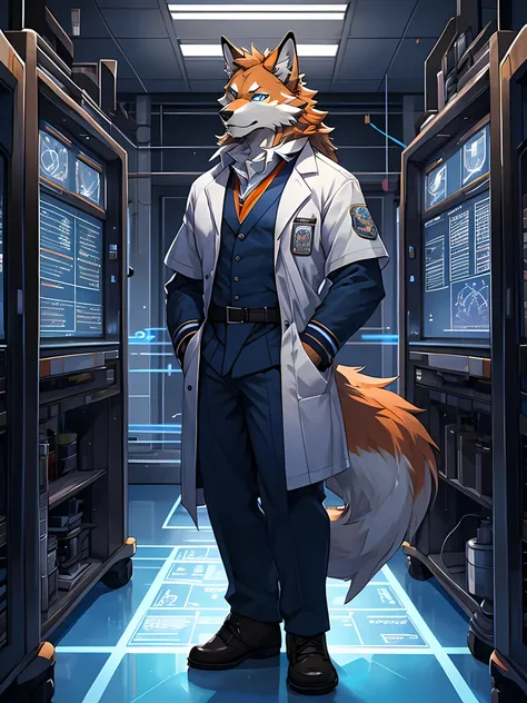 orange fur wolf,Dark blue eyes,Realistic horoscope details,The body is in proportion.,Wearing a scientists uniform.,standing in the laboratory,Looking straight at the bitter person,seductive eyes,Maximum image detail,HDR,8ก