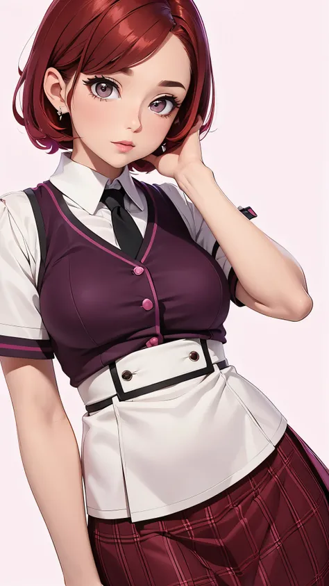 a beautiful woman, 32 years old, short red hair, shimmering brown eyes, with , with a purple and pink blaser, skirt, and white background, intricate details,