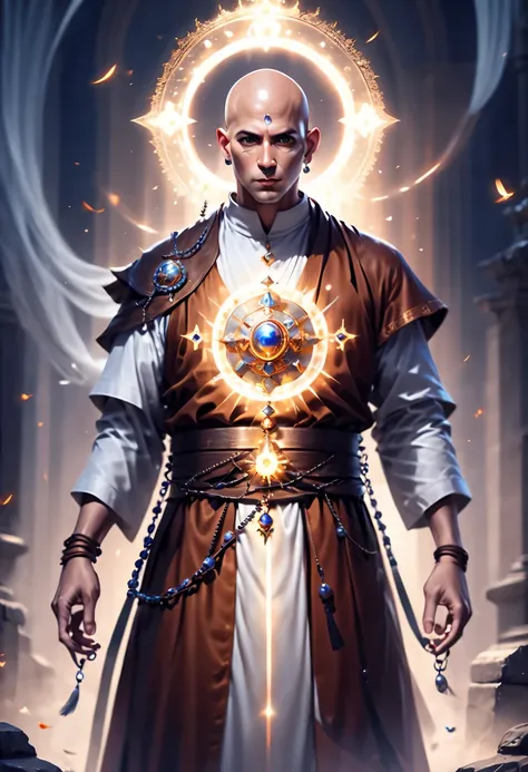 (masterpiece, best quality:1.5)
mystery, fantasy, A monk wears a huge rosary on his chest, beautiful eyes, Bald, meditation,There is a halo behind, abstract background