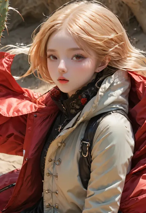 ((sand漠, sand, sand丘, 屈Light效果, sun)), (masterpiece, best quality), (1 girl), (alone), ((portrait)), perfect face, ((Heterochromia, blonde and purple hair, ((Red long parka)), Gothic unnecessary belts are everywhere, There is a mole under the eye)), the ba...