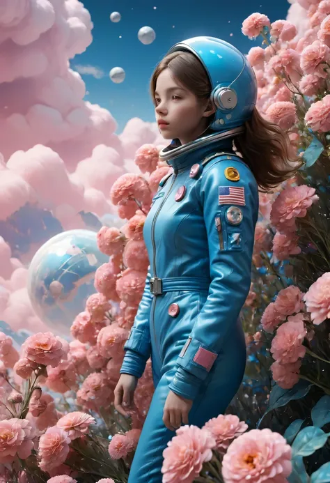 1 girl, blue leather coat,，astronaut在粉红云彩的花丛中行走， astronaut，astronaut无法离开这个星球，astronaut迷失在无边无际的太空中.