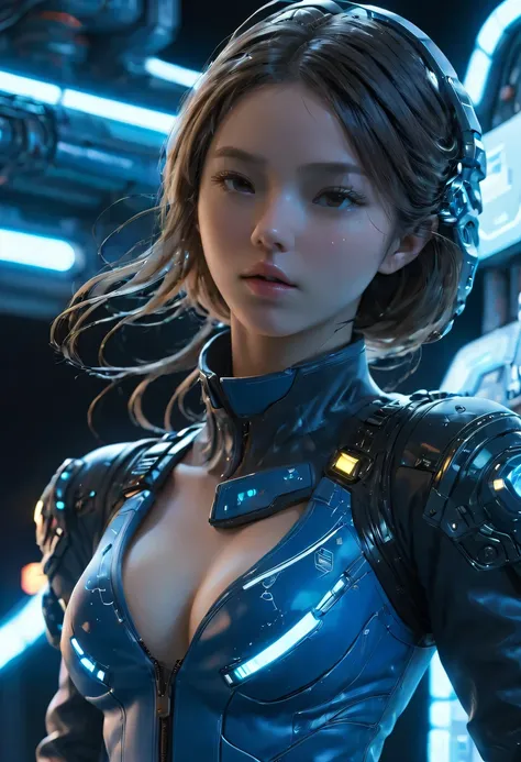 1个girl, Blue leather coat, girl, medium breasts, uniform, Sci-fi night scene neon top quality ultra high definition cyberpunk，space station base