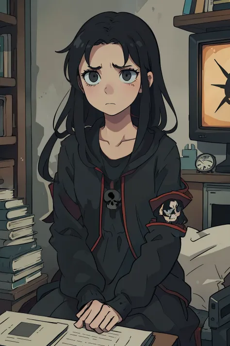 A chilling image of a cartoon character with a skull and crossbones emblem on the screen, her long black hair disheveled and bound, sits dejectedly in her worn-out dress. The room is illuminated only by the dim glow of the television, amplifying the eerie ...