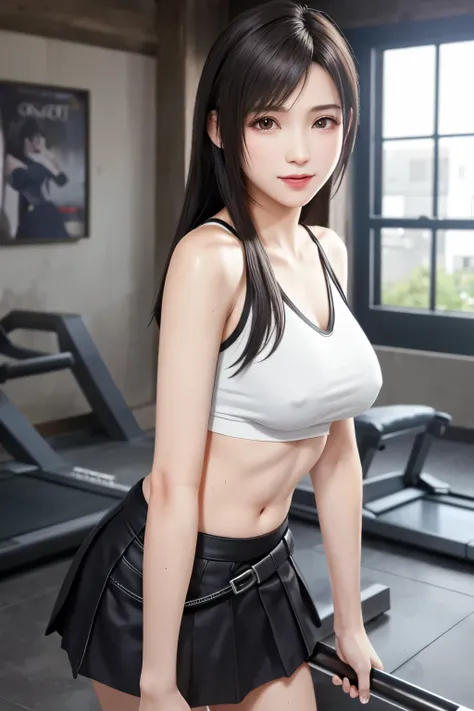 (top quality, masutepiece: 1.1), (Realistic: 1.3), BREAK (((FF7,Tifa_lockhart))),(solo,Tifa:1.2),(japanese ,cute,purple sportswear:1.3, skirt :1.3,wet clothes,sweat) ,(gym,indoor),(cool pose:1.1),Ultra-detailed face, Detailed eyes,Red eyes, BREAK (((FF7,Ti...