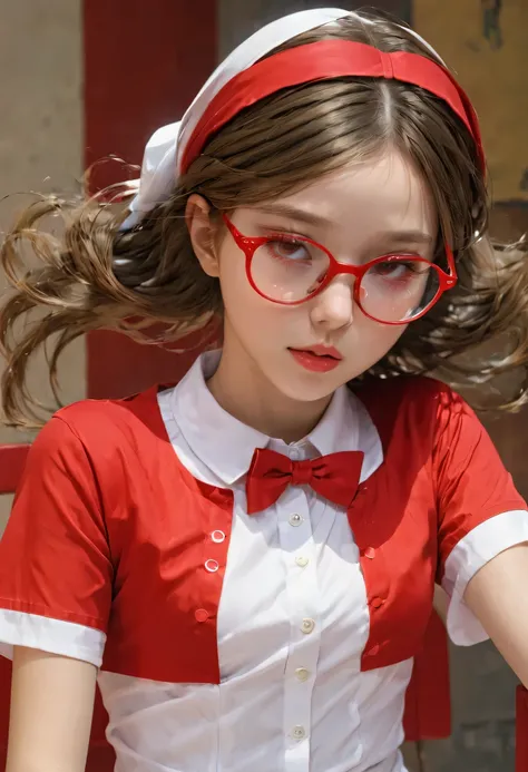 masterpiece, the best_quality, 1 girl, alone, Ten, uniform, Wearing red glasses on head,