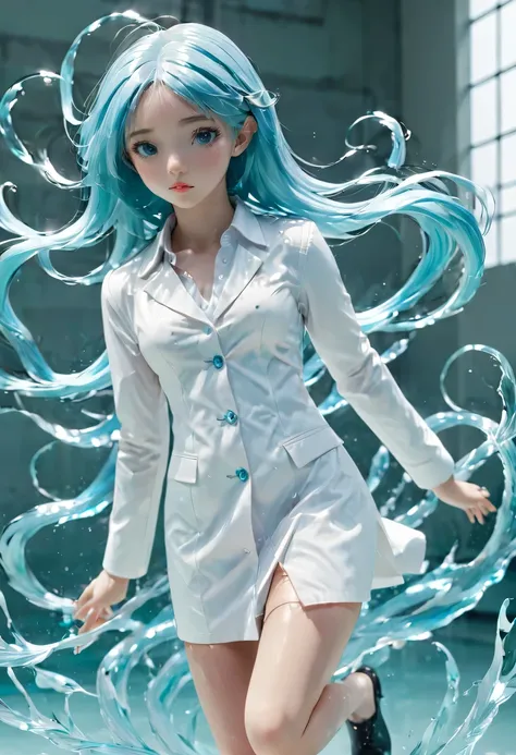 masterpiece, best quality, high quality, high resolution, 1 girl, alone, aqua (flyers), blue hair, long hair, blue eyes, White shirt ,white long coat, black office skirt, raise your legs, whole body, Everlasting, hands in pockets, boring, depth of field, l...