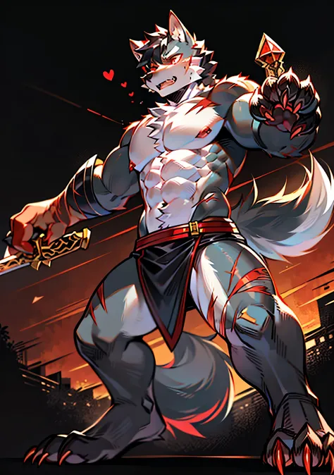 HD，single player，Wolf Animal Humanoid，Muscle tissue，out of stock，male figure，full body standing painting，Short hair details，light gray fur，Black ears，Furry wolf tail，Dark gray tail root，The tip of the tail is white，black and white arms，Red paws，双手举起拿刀attac...