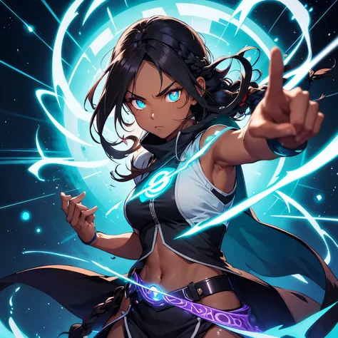 girl, female, tanned skin, brown skin, 4th dimension, time mage, long branded hair, time magic, solemn, serious, stoic, hair braid, contemporary business outfit, magic eye glow, dark hair, fighter, glowing hands, turquoise eye, glowing eye, jujutsu kaisen,...