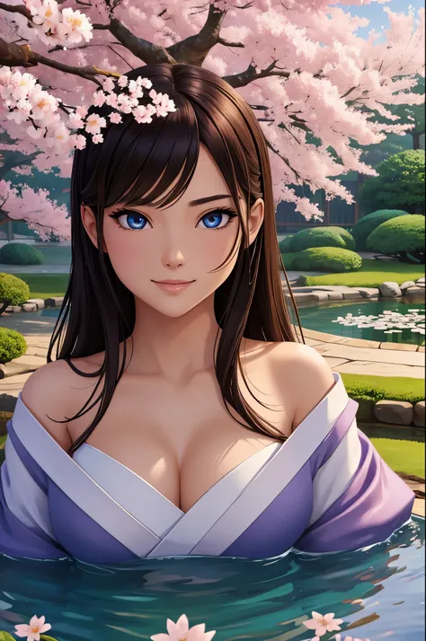 ((Best quality)), ((masterpiece)), ((realistic)), Girl with flawless beauty standing in a serene Japanese garden with cherry blossoms on eye level, scenic, masterpiece, (highres), original, extremely detailed 8K , (photorealistic:1.4),flawless face, perfec...