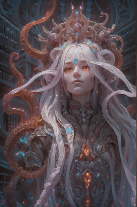  ((female ornate alien princess)), (with white long flowing hair), (bright beautiful red eyes), trending on artstation, tentacles of beautiy by Jean-Honor Fragonard, Peter mohrbacher, hyper detailed, insane details, stunning, intricate, elite, art nouveau,...