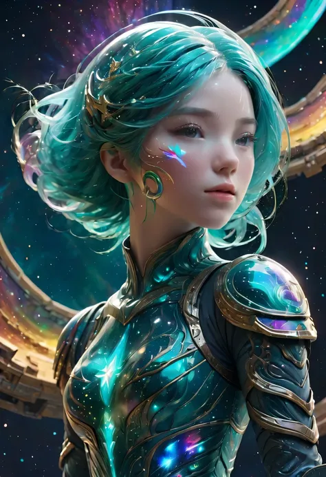 Girl with rainbow hair and delicate teal dress armor, Everlasting, Rainbow colored cosmic nebula background, Star, galaxy, intricate details, perfect face