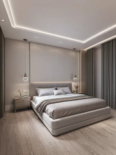 bedroom design, modern interior, flat walls, glossy wood flooring, daylight, cinematic lighting, dynamic lighting, real photos t...