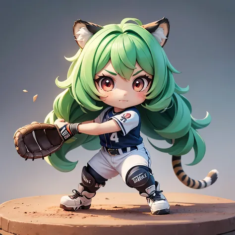 ((chibi:1.5)), (masterpiece), (best quality), high resolution, ultra detail, photorealistic, 8K
BREAK
1 girl, solo, (long wavy hair, green hair, big red eyes, tiger ears, tiger tail)
BREAK
female baseball player, baseball uniform, white shirt, batting, hit...