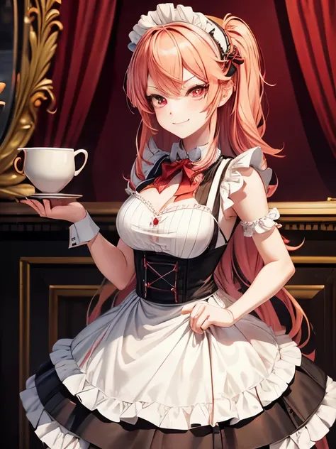 Create a seductive anime girl with peach colored hair. She is wearing a maid dress and has red eyes. She has a mischievous smirk. High resolution, high-quality 