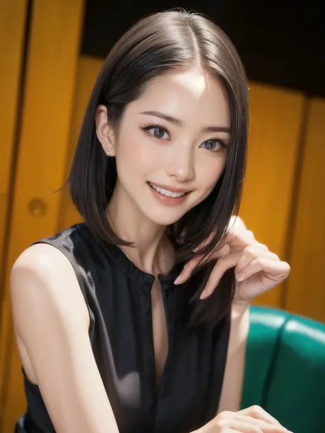 (table top, highest quality、High resolution:1.4、very attractive beauty、Adds intense highlights to the eyes、look closely at the camera:1.4、Beautiful woman full of charm、ideal body proportions、perfect anatomy、brunette short bob hair、shiny hair、bangs:1.4、光沢のあ...