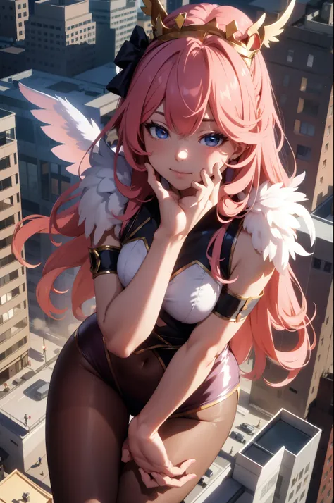Aerial View,giant girl 50,000 feet high,Weight 1000kg,Has a pair of huge pink angel wings,With huge devil horns on his head,Has waist-length pink hair,loose hair,Pink wavy hair,Pink crown,Wearing a pair of pink Mary Jane high heels,Pink lace gloves,Pink la...