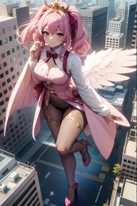 Aerial View，giant girl 50,000 feet high，Weight 1000kg，Has a pair of huge pink angel wings，With huge devil horns on his head，Has waist-length pink hair，loose hair，Pink wavy hair，Pink crown，Wearing a pair of pink Mary Jane high heels，Pink lace gloves，Pink la...