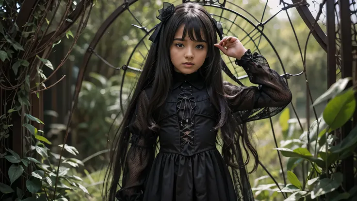 Child girl in gothic net symbolic clothes, 。luz de fundo verde, .com (Arame farpado do corpo) cabelo de cor morena，Extremidades dos cabelos grisalhos, 