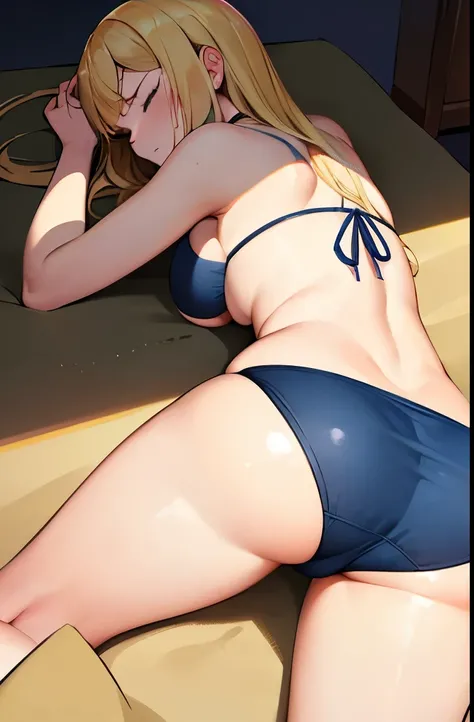 (ass focus:1.5),(20 years old women:1.1),blonde staright long hair,closed eyes,(Fainting:1.3),medium breasts,(dark blue bikini bottom:1.2),(lying on stomach:1.4),clear sky,on sand