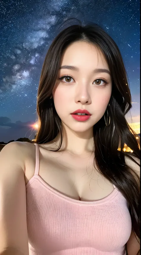 ,Half Body Focus、high detail, Super detailed, ultra high resolution, Girl enjoying her time in the galaxy of dreams, surrounded by stars, Warm light sprinkled on her, Starry sky with colorful galaxy and galactic clouds in the background, Stars flying aroun...