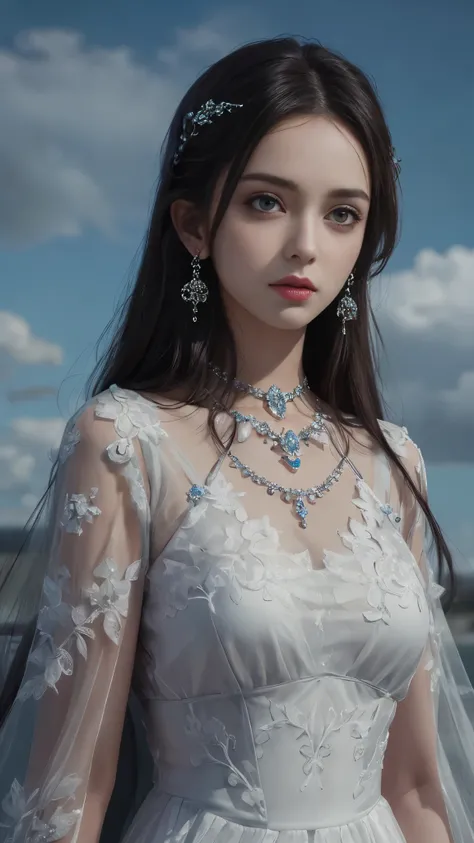 8K, Ultra HD, HD Color, ​masterpiece, 1 girl, good face, Luminous Eyes, detailed lips, ultra long hair, (rob green dress:1.5), (jewellery:1.5), Super artistic, cloudy sky background, morning, dark shadow,