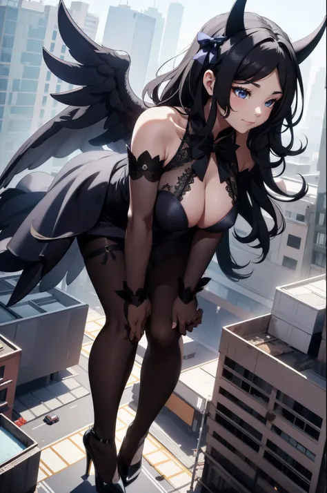 Aerial View，giant girl 50,000 feet high，Weight 1000kg，Has a pair of huge black angel wings，With huge devil horns on his head，Has waist-length black hair，loose hair，Big black wavy curls，Black crown，Wearing a pair of black Mary Jane high heels，Black lace glo...